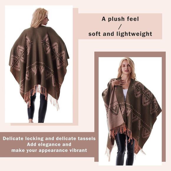 Reversible Aztec Cape Western Southwestern One Size Fits All Khaki Green Soft - Picture 6 of 16